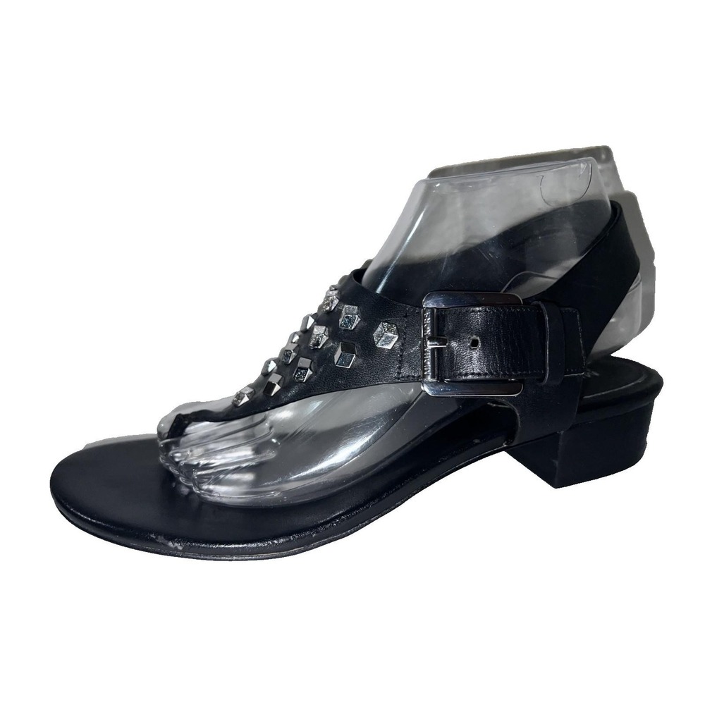 Michael Kors Black Leather Studded Valencia Thong Block Low Heel Sandals Sz 9M